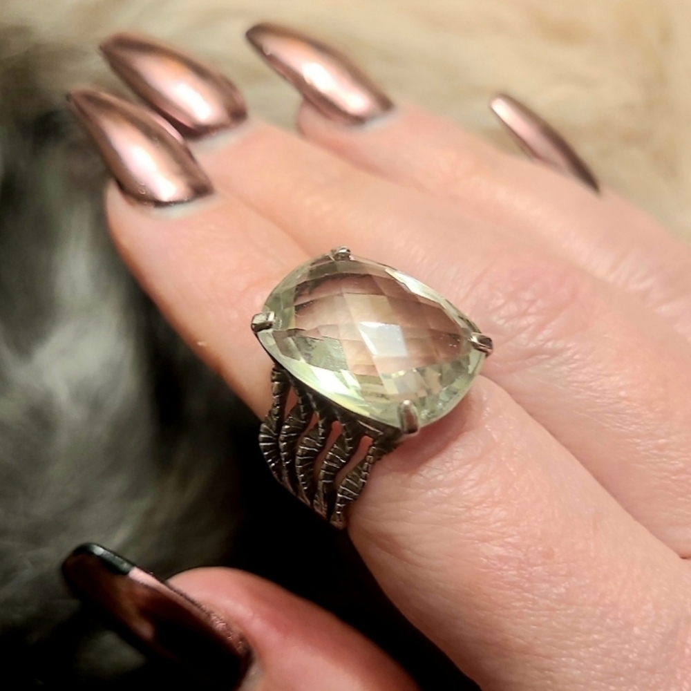 15.00CT Rectangular Cushion Checkerboard Cut Brazilian Prasiolite SS Ring Sz 8